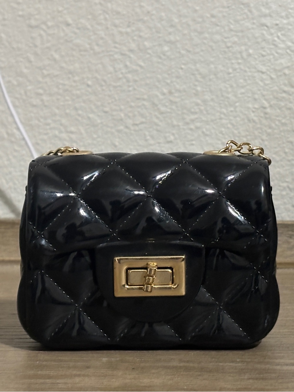Aldo Black Quilted Patent Mini Bag with Gold Hardware